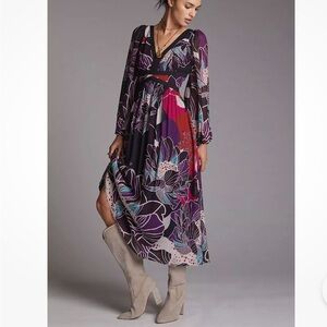 Anthropologie Purple Floral Midi Dress